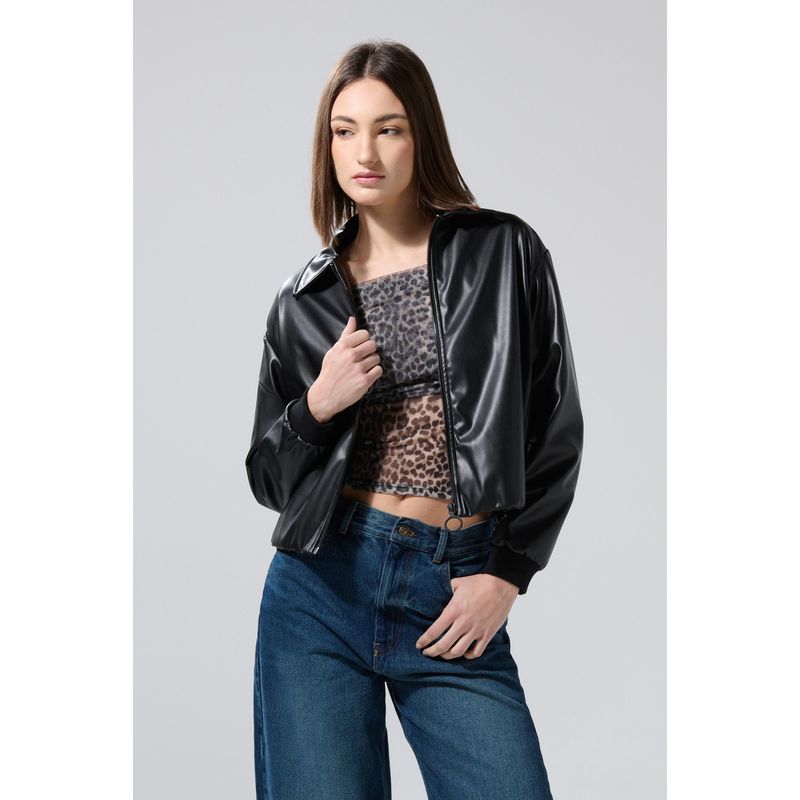 KOAJ - KOAJ Chaqueta negra en efecto de piel con cuello trucker Mujer