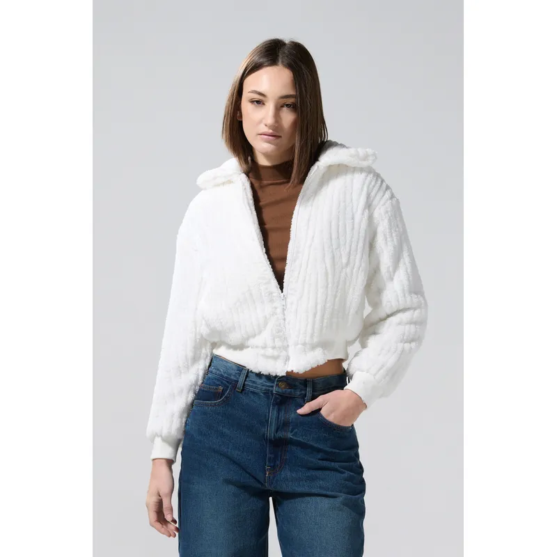 KOAJ - KOAJ Chaqueta crema clara afelpada con cuello trucker Mujer