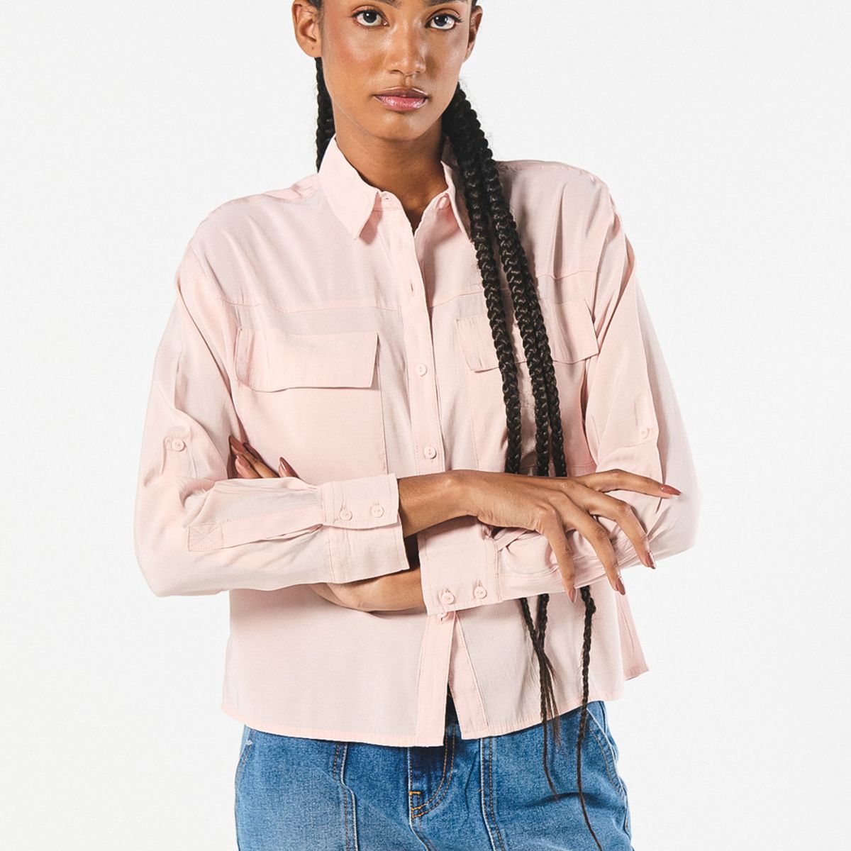 KOAJ - KOAJ Blusa crop unicolor con manga larga y bolsillos delante Mujer