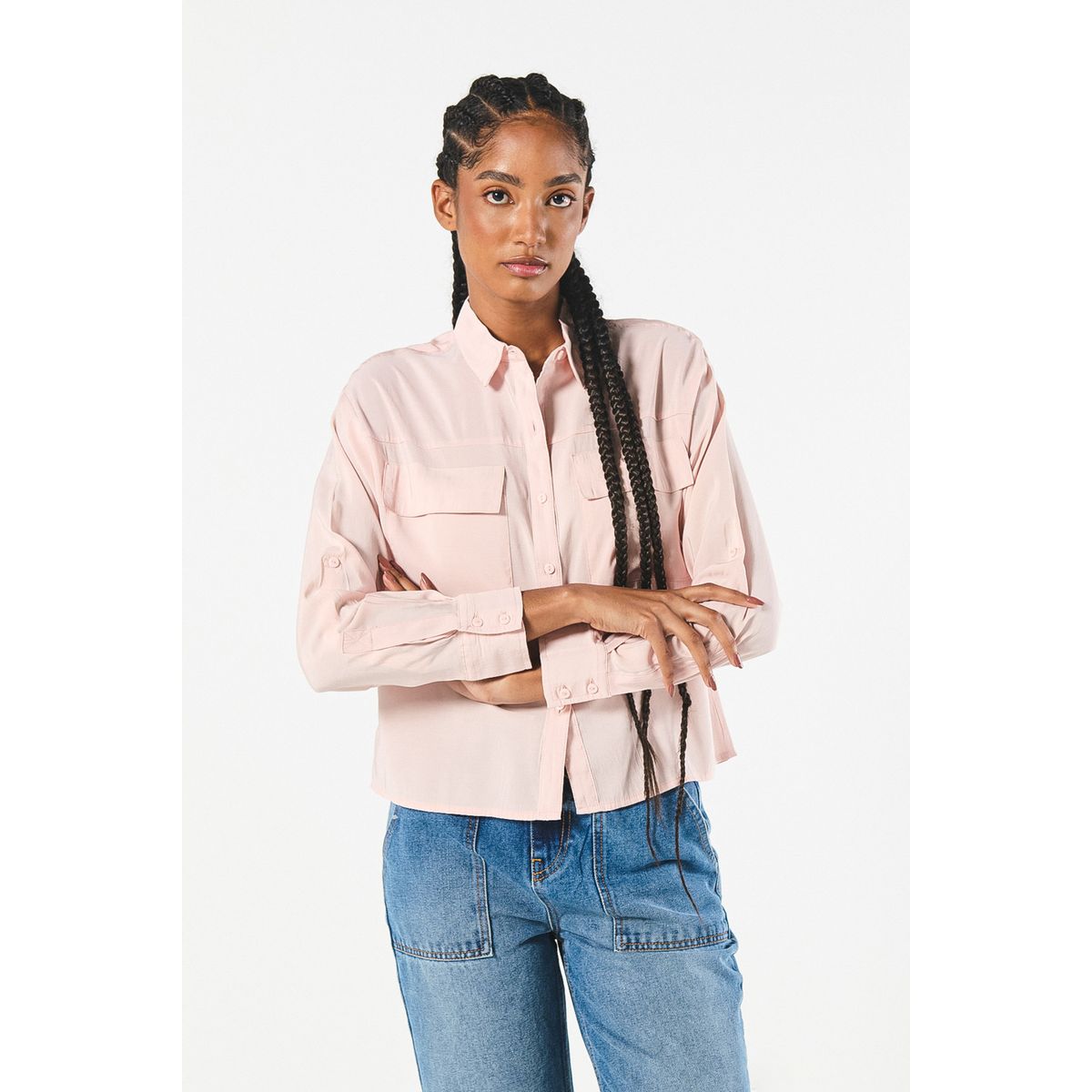 KOAJ - KOAJ Blusa crop unicolor con manga larga y bolsillos delante Mujer