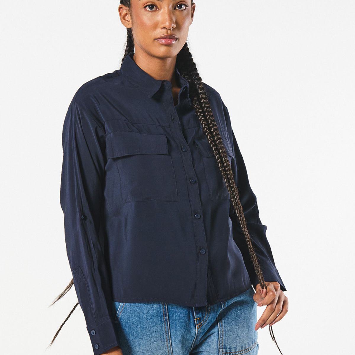 KOAJ - KOAJ Blusa crop unicolor con manga larga y bolsillos delante Mujer