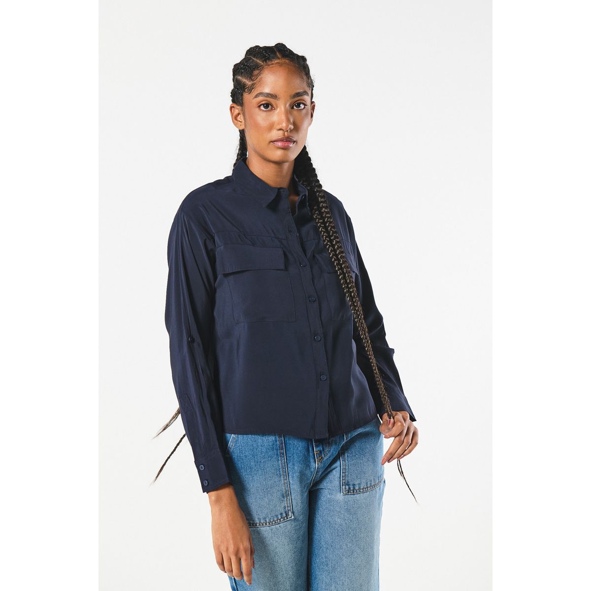 KOAJ - KOAJ Blusa crop unicolor con manga larga y bolsillos delante Mujer