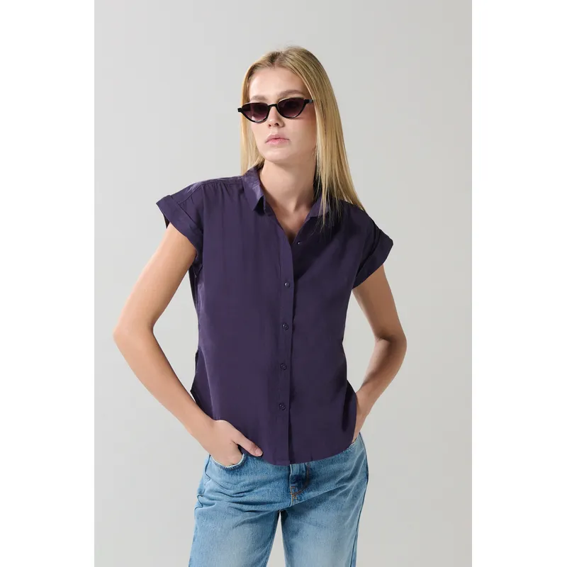 KOAJ - KOAJ Blusa manga corta unicolor con hombro rodado y abertura Mujer