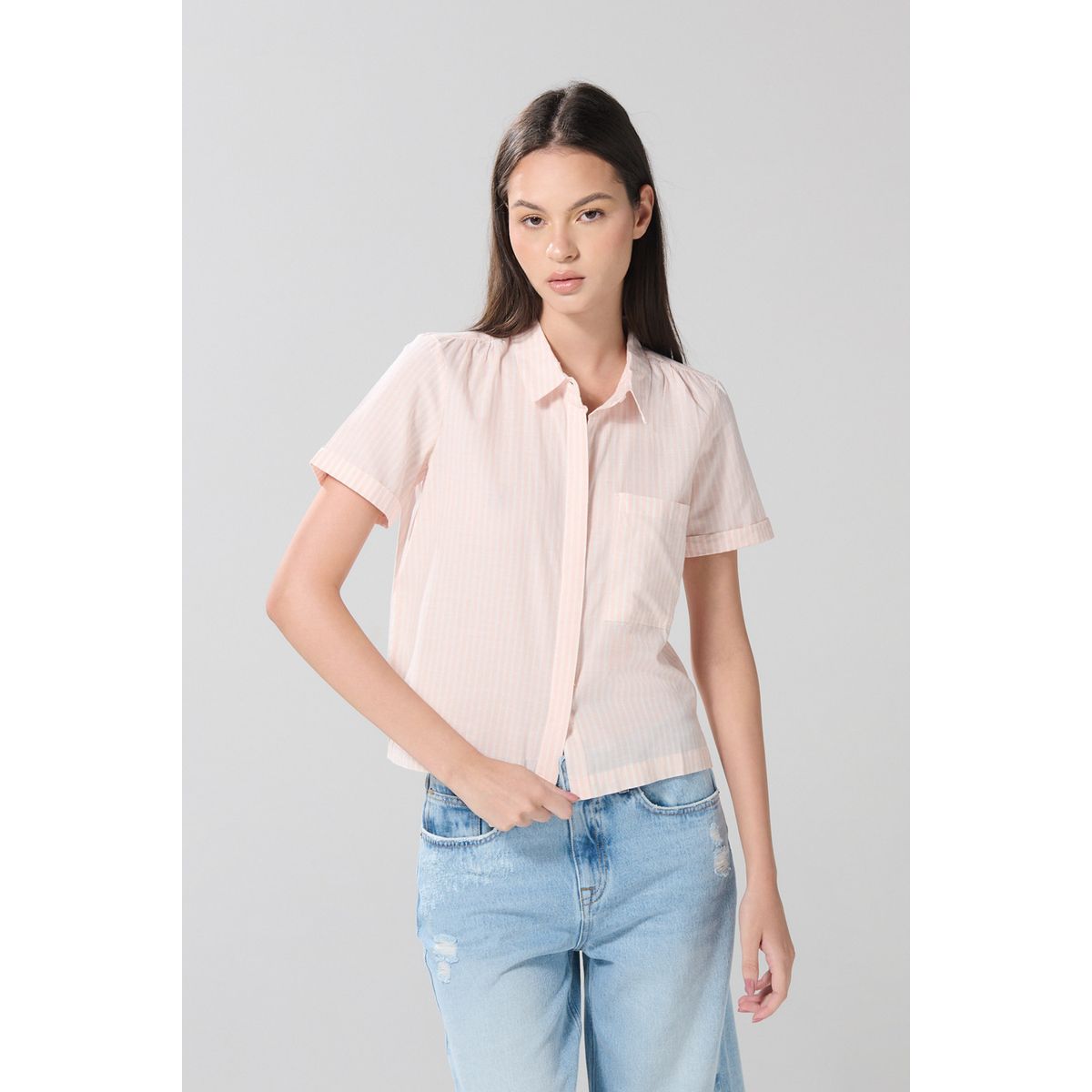 KOAJ - KOAJ Blusa unicolor manga corta a rayas con bolsillo Mujer