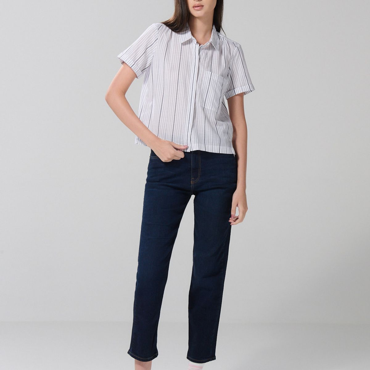 KOAJ - KOAJ Blusa unicolor manga corta a rayas con bolsillo Mujer