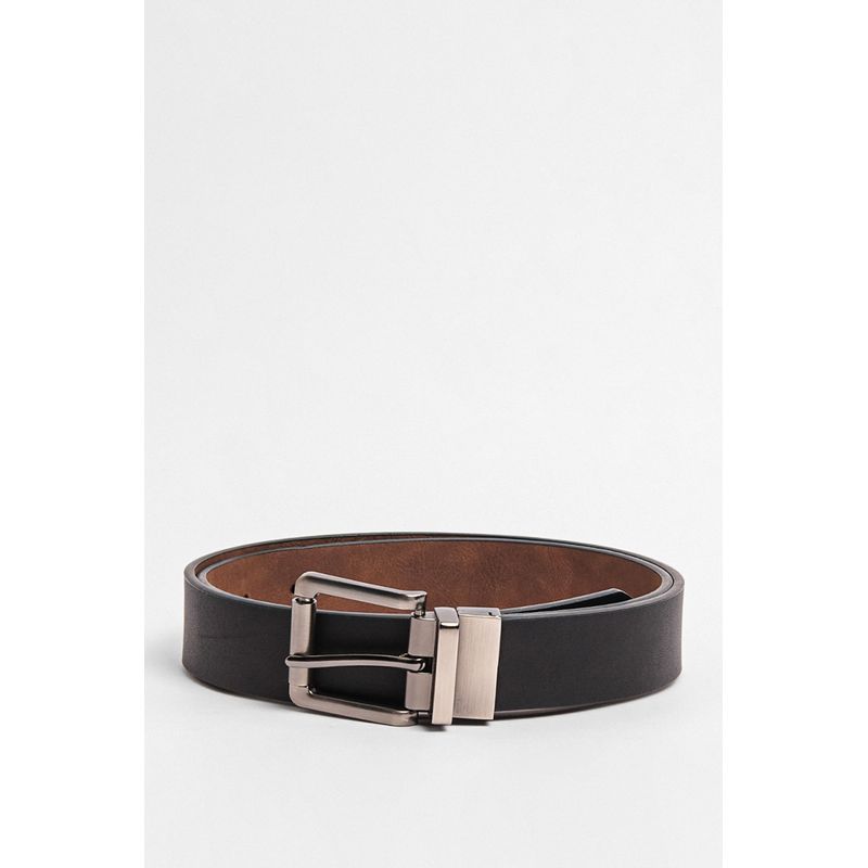 KOAJ - KOAJ Cinturón café con parte reversible negra y hebilla cuad Hombre