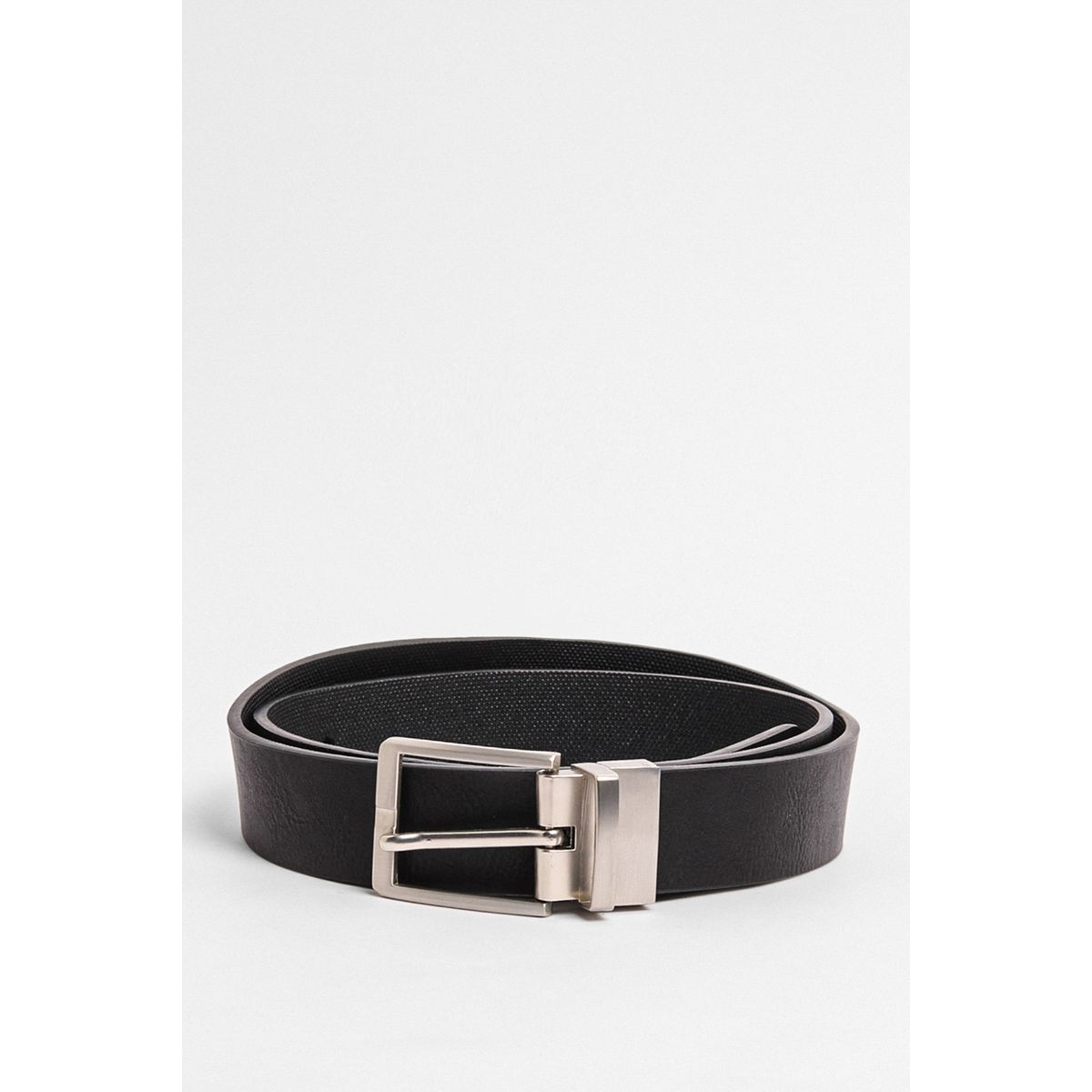 KOAJ - KOAJ Cinturón reversible negro con hebilla plateada y textur Hombre