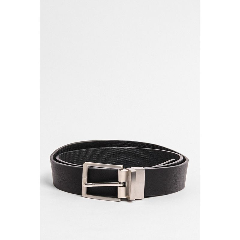 KOAJ - KOAJ Cinturón reversible negro con hebilla plateada y textur Hombre