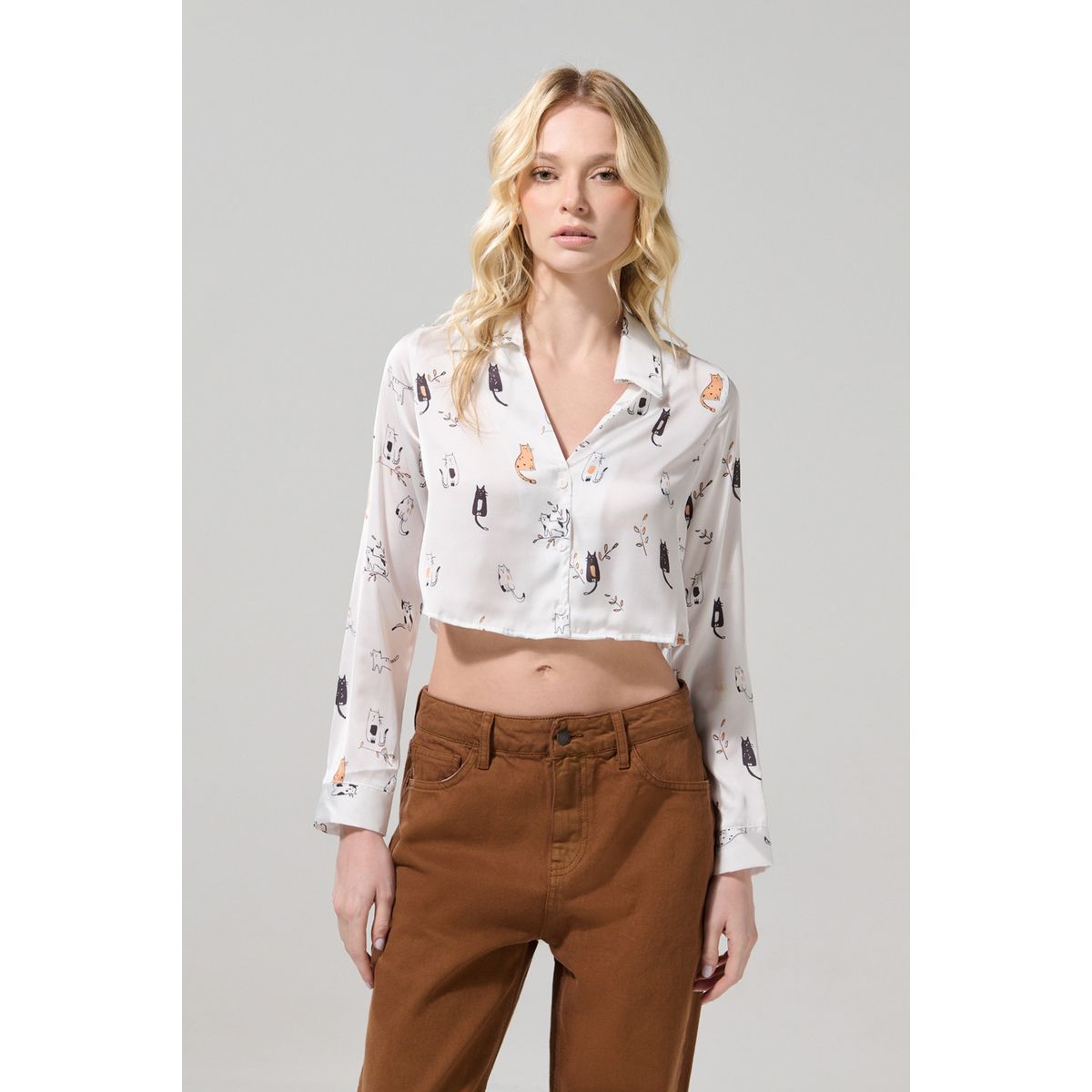 KOAJ - KOAJ Blusa manga larga crema con diseños de gatitos Mujer