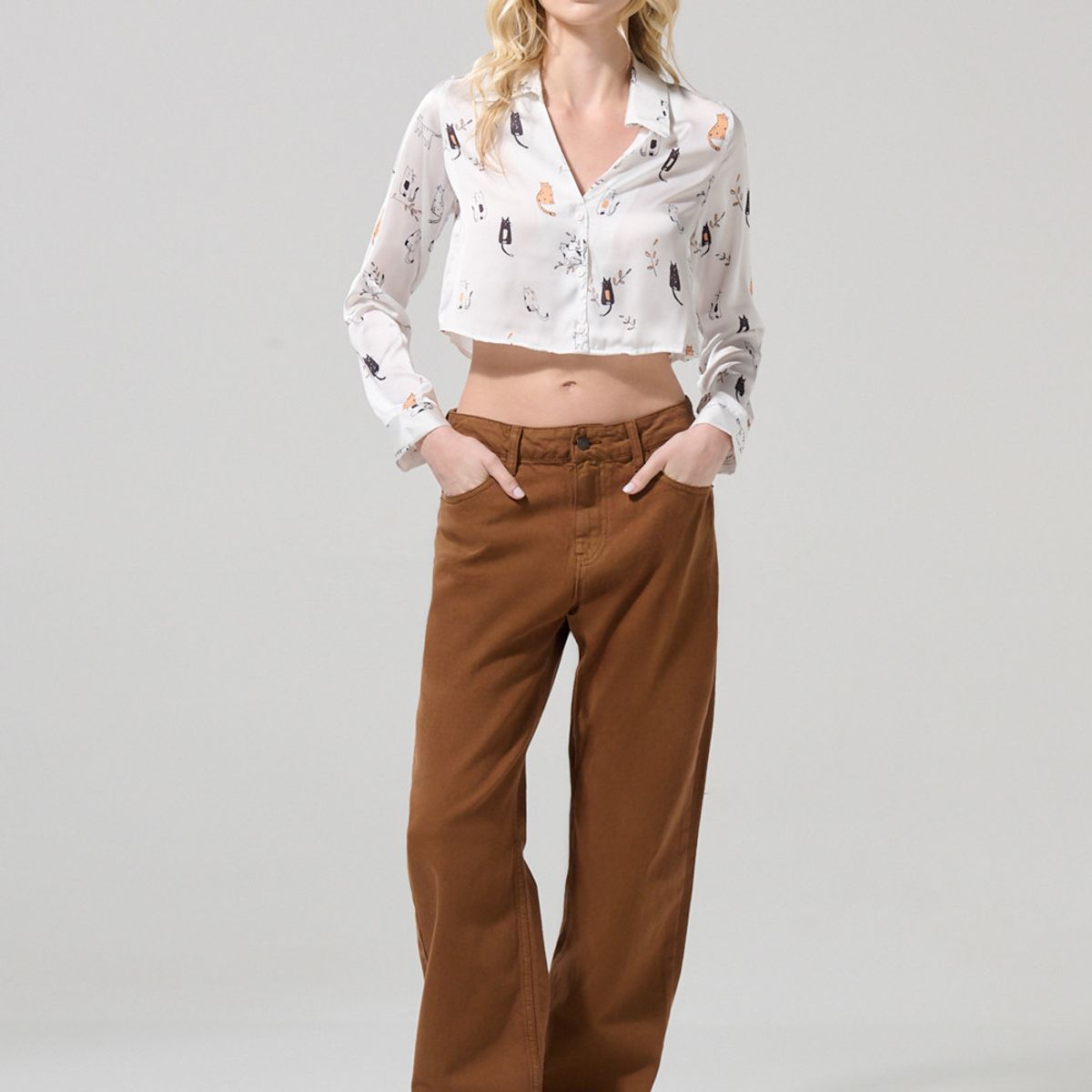 KOAJ - KOAJ Blusa manga larga crema con diseños de gatitos Mujer