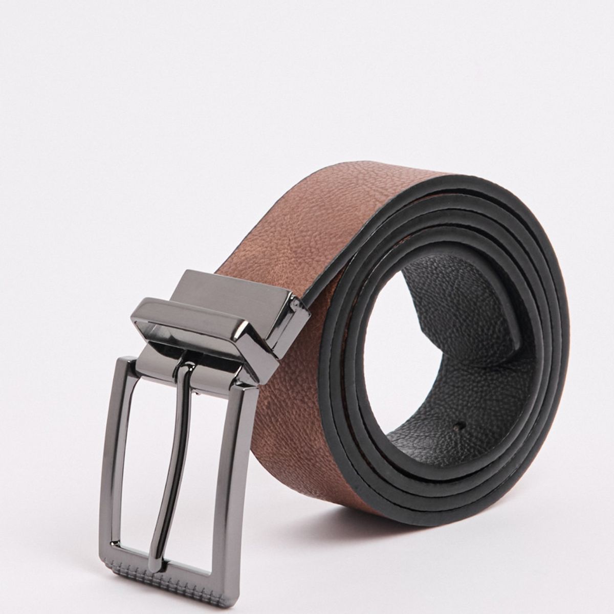 KOAJ - KOAJ Cinturón negro con parte reversible café y hebilla cua Hombre