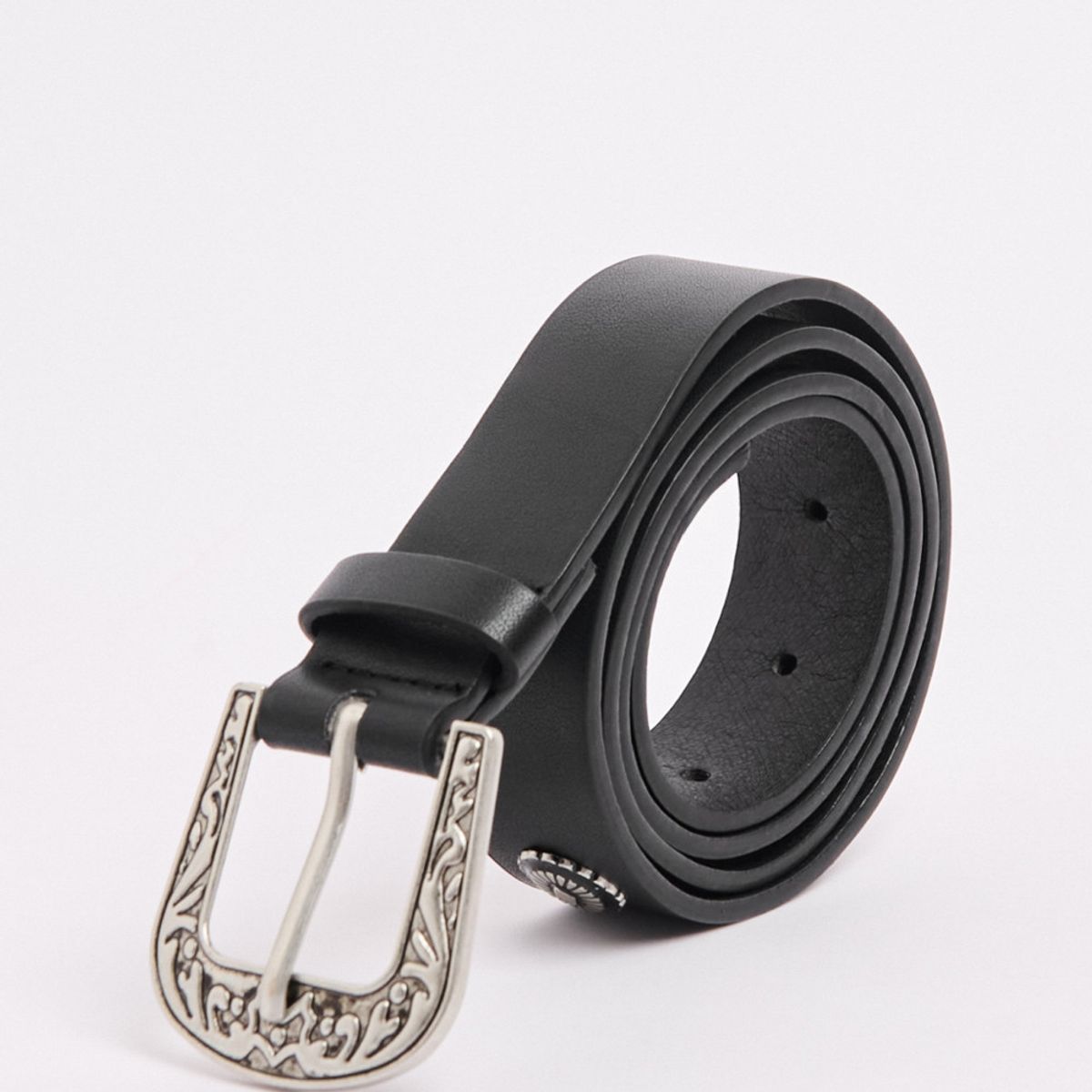 KOAJ - KOAJ Cinturón negro con diseños metálicos y hebilla grabada Mujer