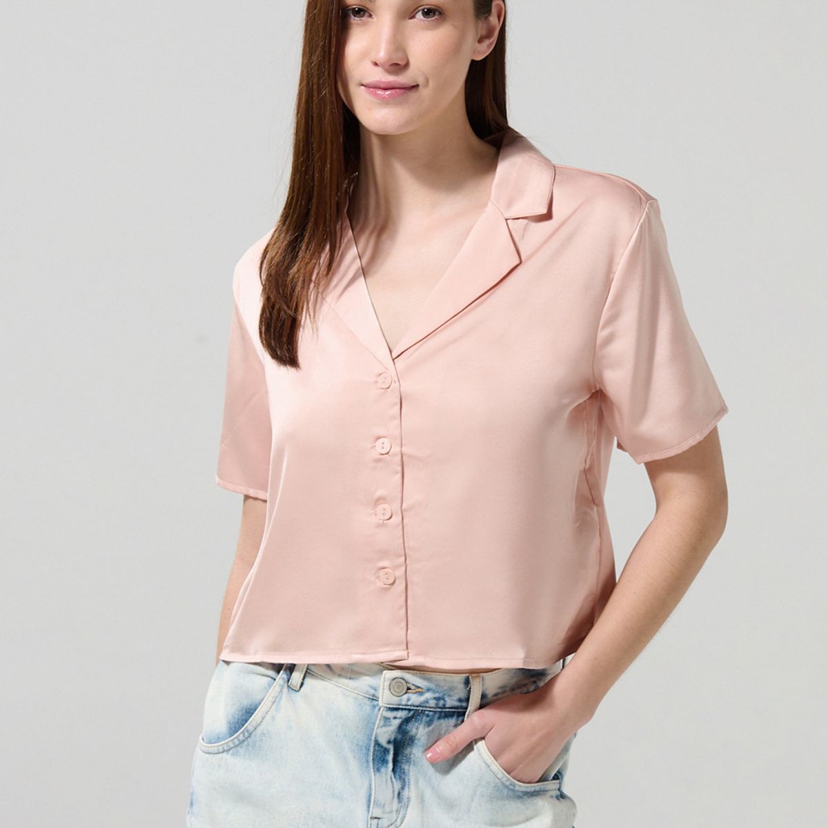 KOAJ - KOAJ BLUSA UNICOLOR/SATIN MANGA CORTA CUELLO RESORT Mujer