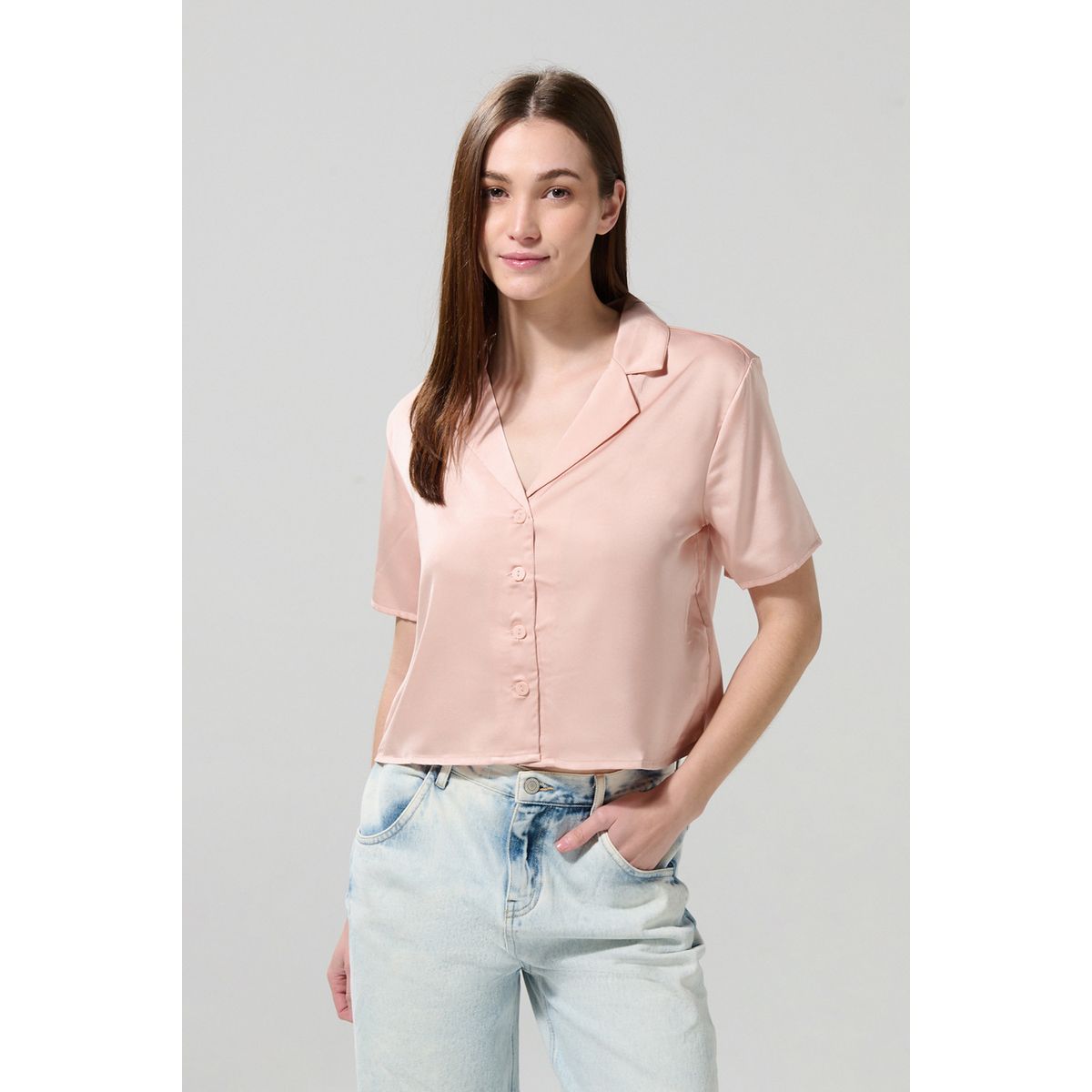 KOAJ - KOAJ BLUSA UNICOLOR/SATIN MANGA CORTA CUELLO RESORT Mujer