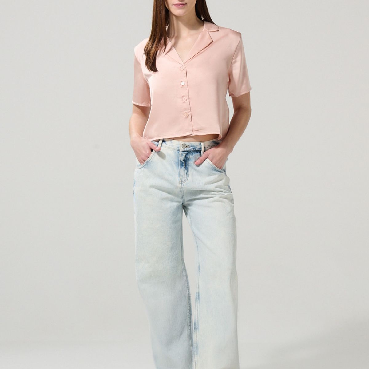 KOAJ - KOAJ BLUSA UNICOLOR/SATIN MANGA CORTA CUELLO RESORT Mujer