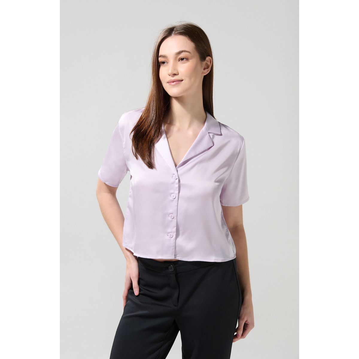 KOAJ - KOAJ BLUSA UNICOLOR/SATIN MANGA CORTA CUELLO RESORT Mujer