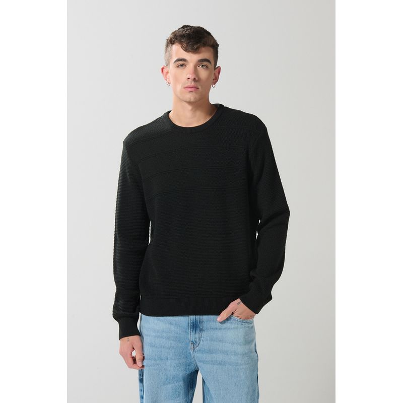 KOAJ - KOAJ Suéter tejido negro con cuello redondo y rayas en relie Hombre