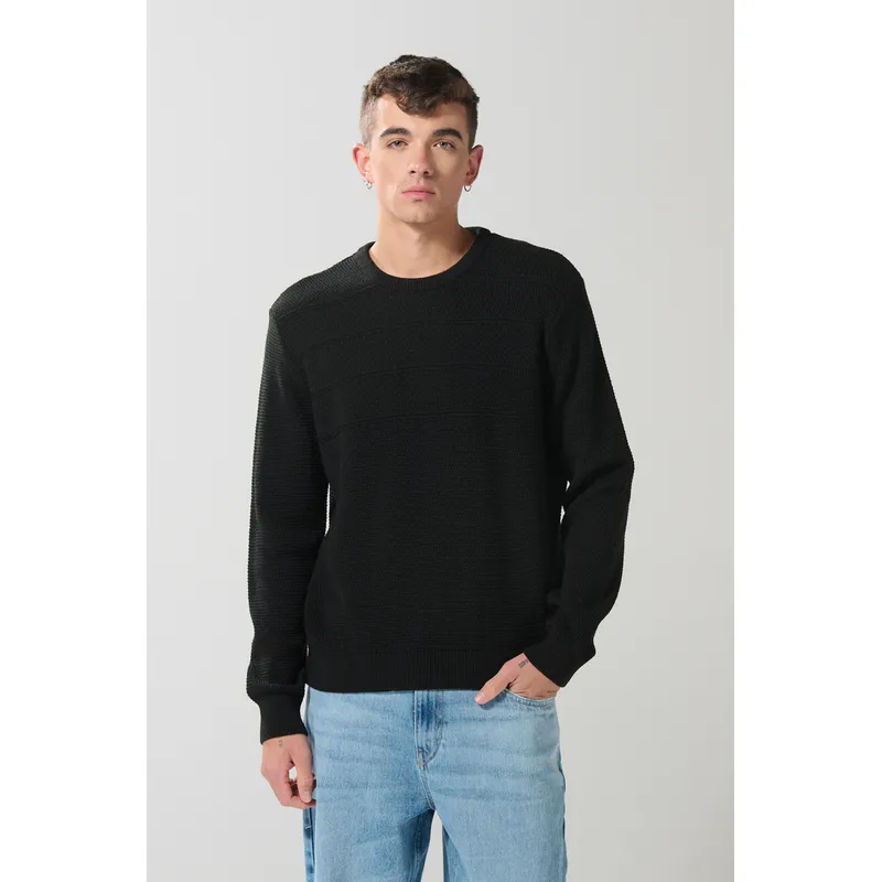 KOAJ - KOAJ Suéter tejido negro con cuello redondo y rayas en relie Hombre