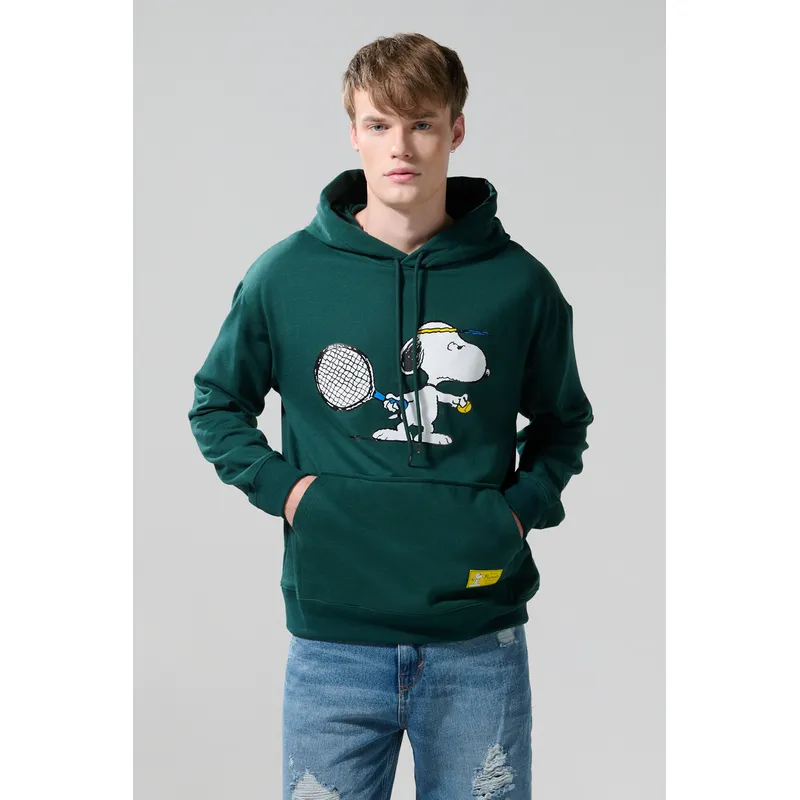 KOAJ - KOAJ Buzo verde oscuro con capota y arte de Snoopy Hombre