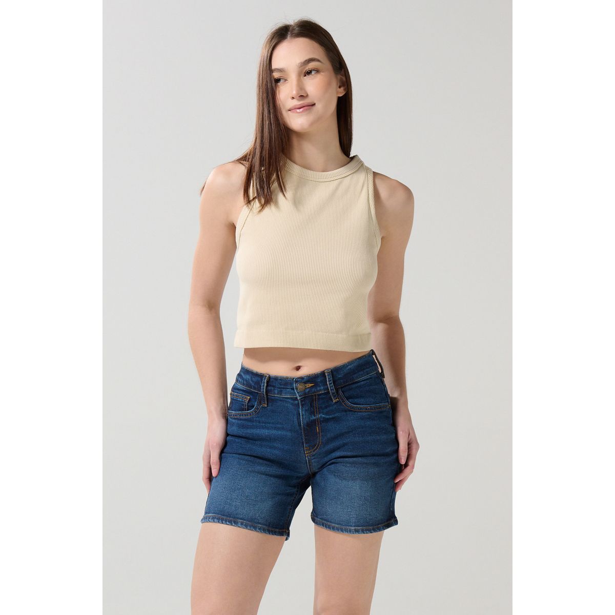 KOAJ - KOAJ Short tiro medio azul oscuro en jean con costuras visib Short tiro medio azul oscuro en jean con costuras visib Mujer