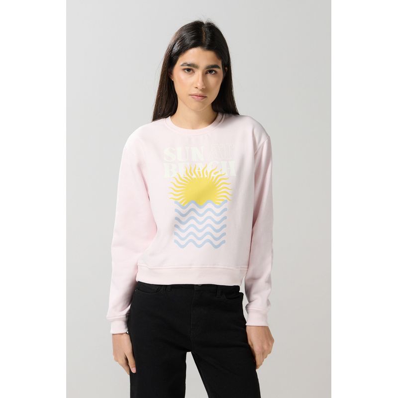 KOAJ - KOAJ Buzo rosado claro cuello redondo con arte de playa Mujer