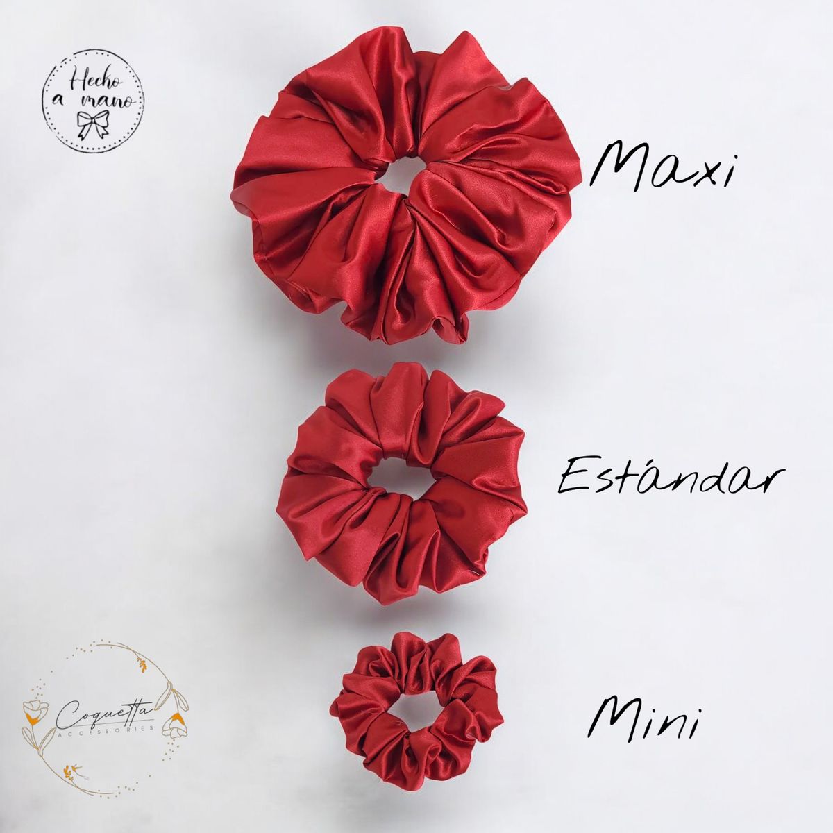 GENERICO - Set de Scrunchies en Satín Tamaños Maxi Estándar y Mini color Rojo
