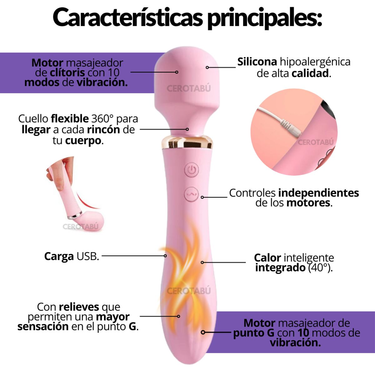 GENERICO - Vibrador 2 En 1 Premium Hitachi Masajeador Clítoris Punto G Termico