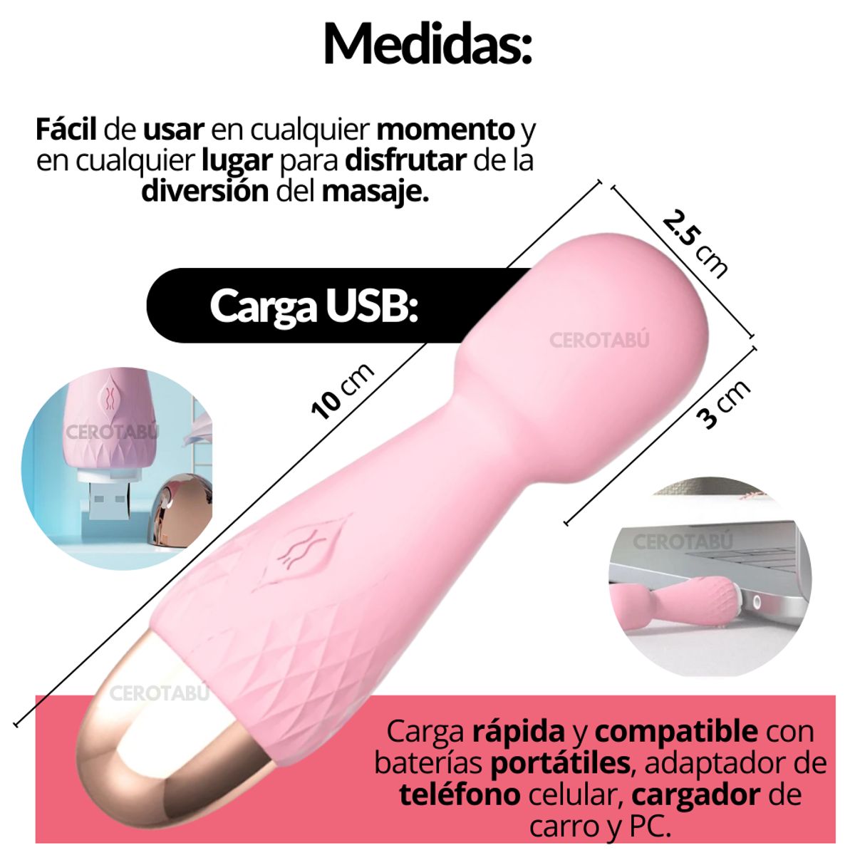 GENERICO - Vibrador Masajeador Clítoris Hitachi Discreto Potente USB Rosa
