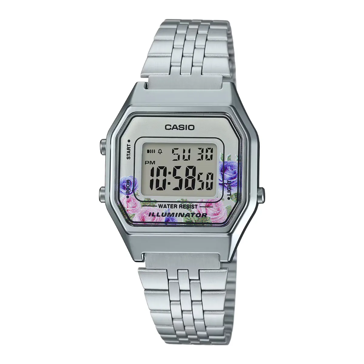 CASIO - Reloj Casio Para Mujer Vintage LA680WA-4CDF Retro Plateado Con Diseño Floral