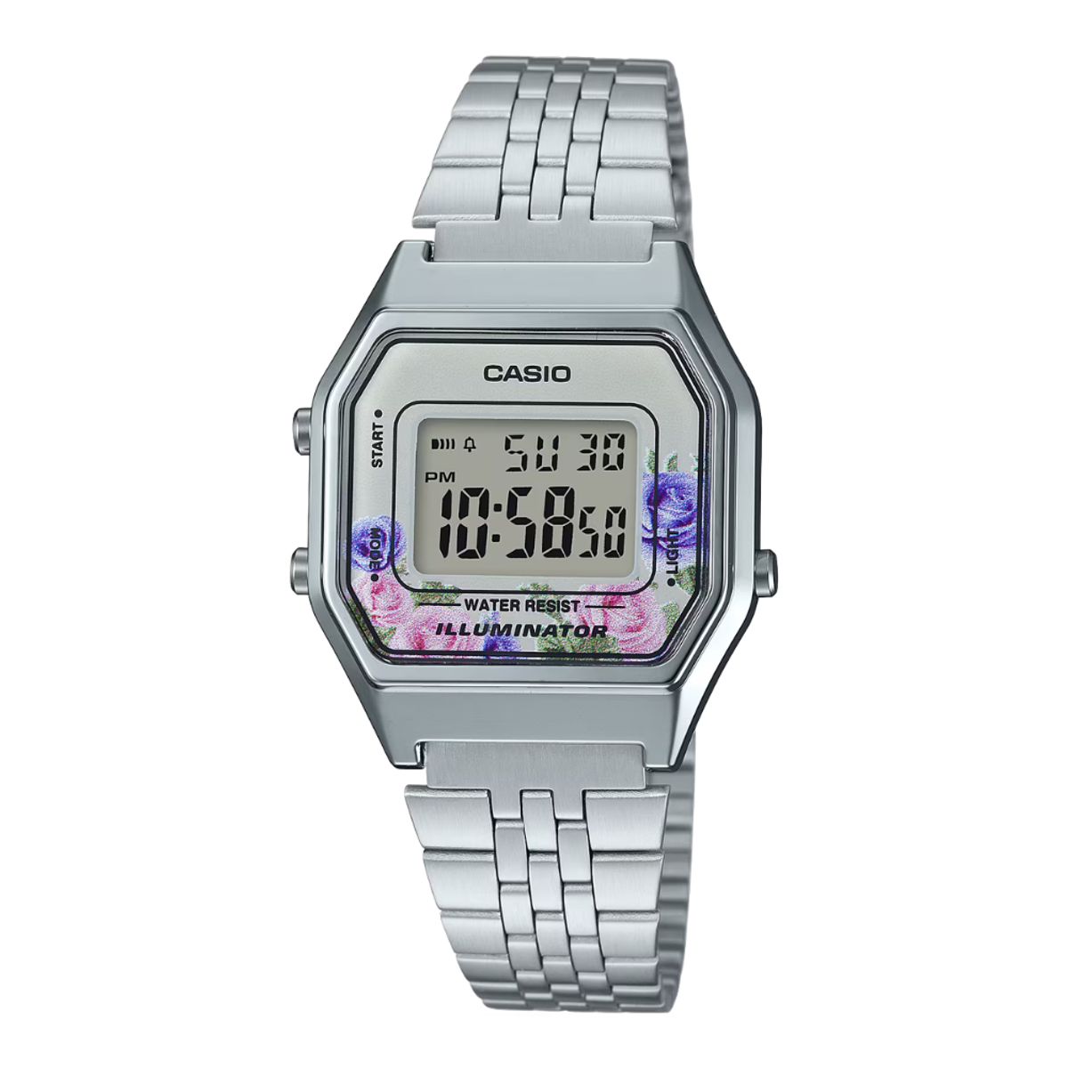 CASIO - Reloj Casio Para Mujer Vintage LA680WA-4CDF Retro Plateado Con Diseño Floral
