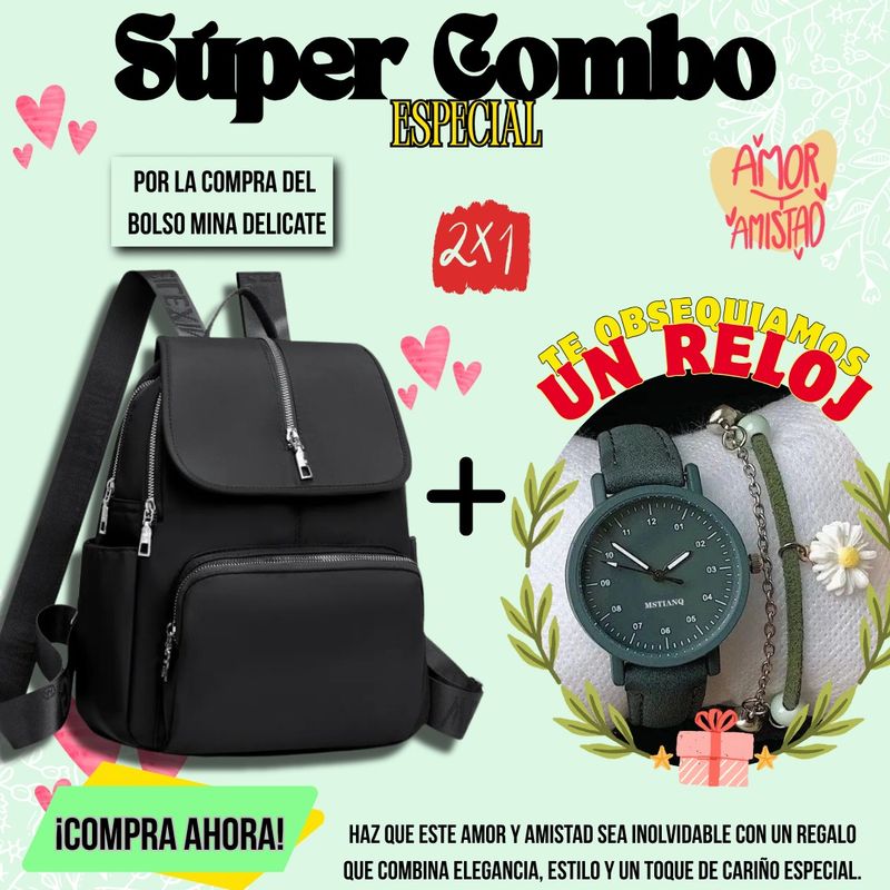 BOLSOS Y ACCESORIOS MB - BOLSO MOCHILA MAS RELOJ PARA MUJER  REGALO AMOR Y AMISTAD