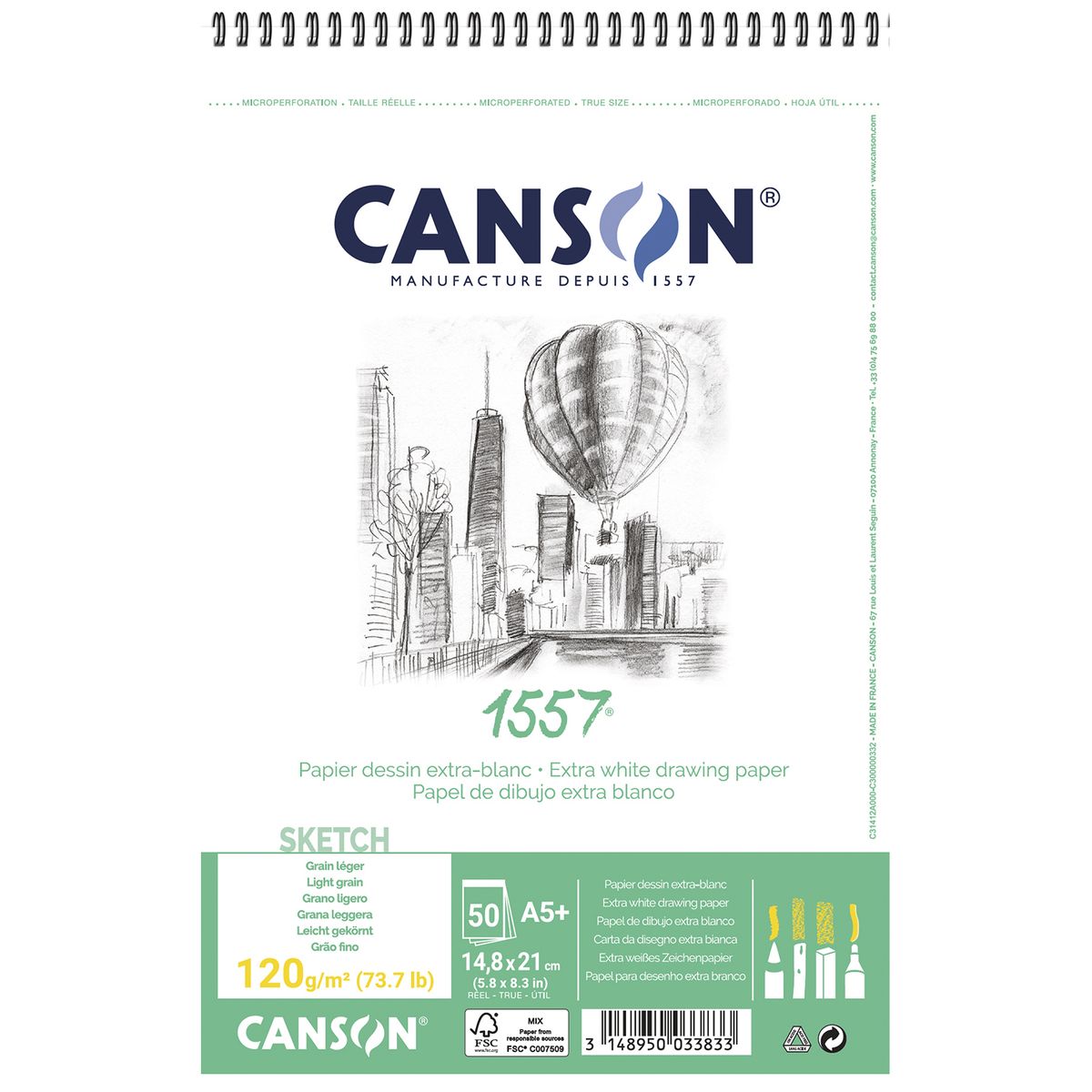CANSON - Block 1557 Croquis 120 g tamaño A4 x 50 Hojas Anillado