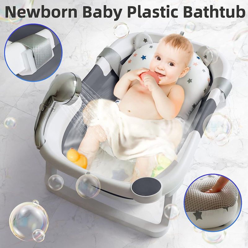 MUNDO BEBE - BAÑERA PLEGABLE CON TERMOMETRO Y COJIN PARA BEBES GRIS
