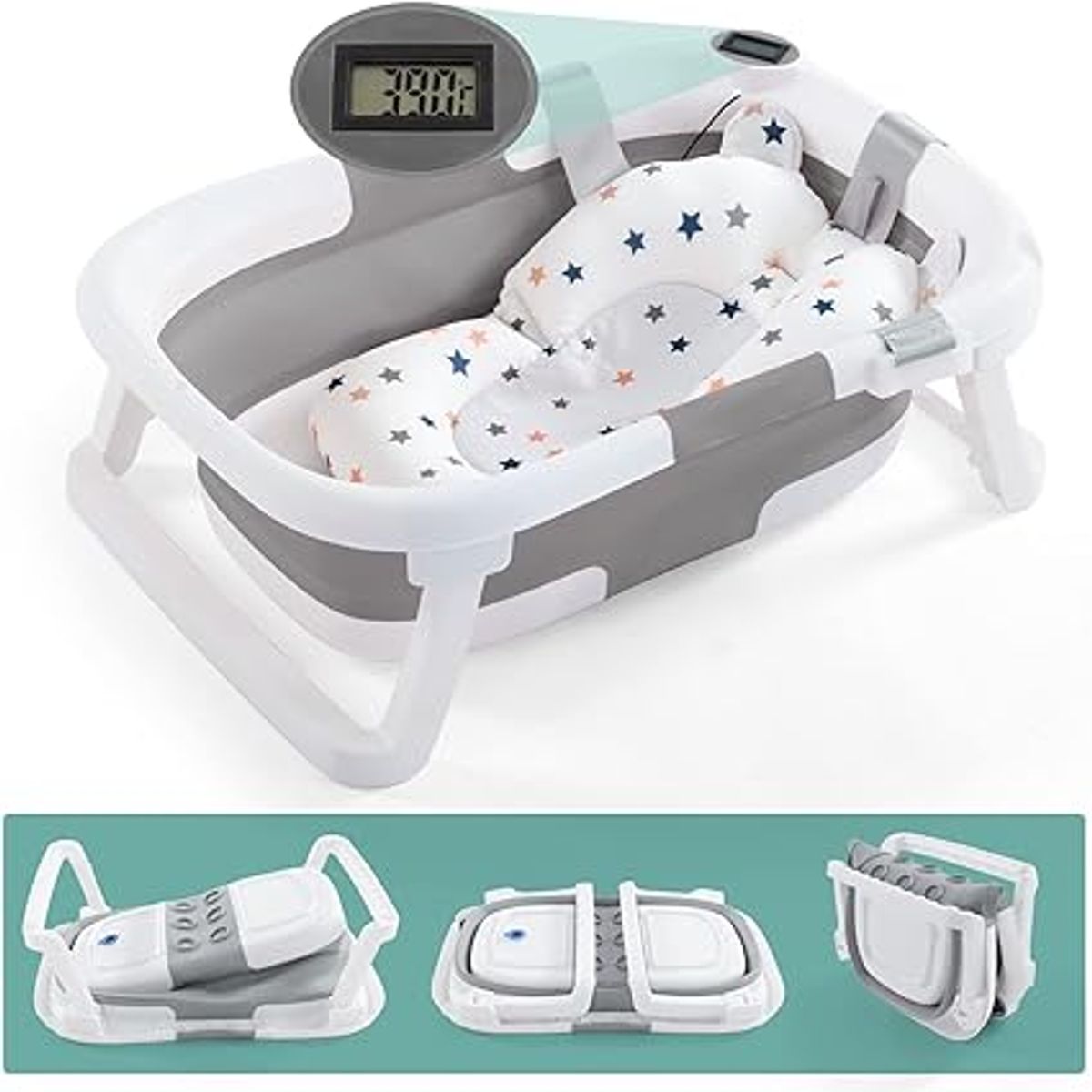 MUNDO BEBE - BAÑERA PR BEBES CON TERMOMETRO Y PLEGABLE MODELO 2025 GRIS