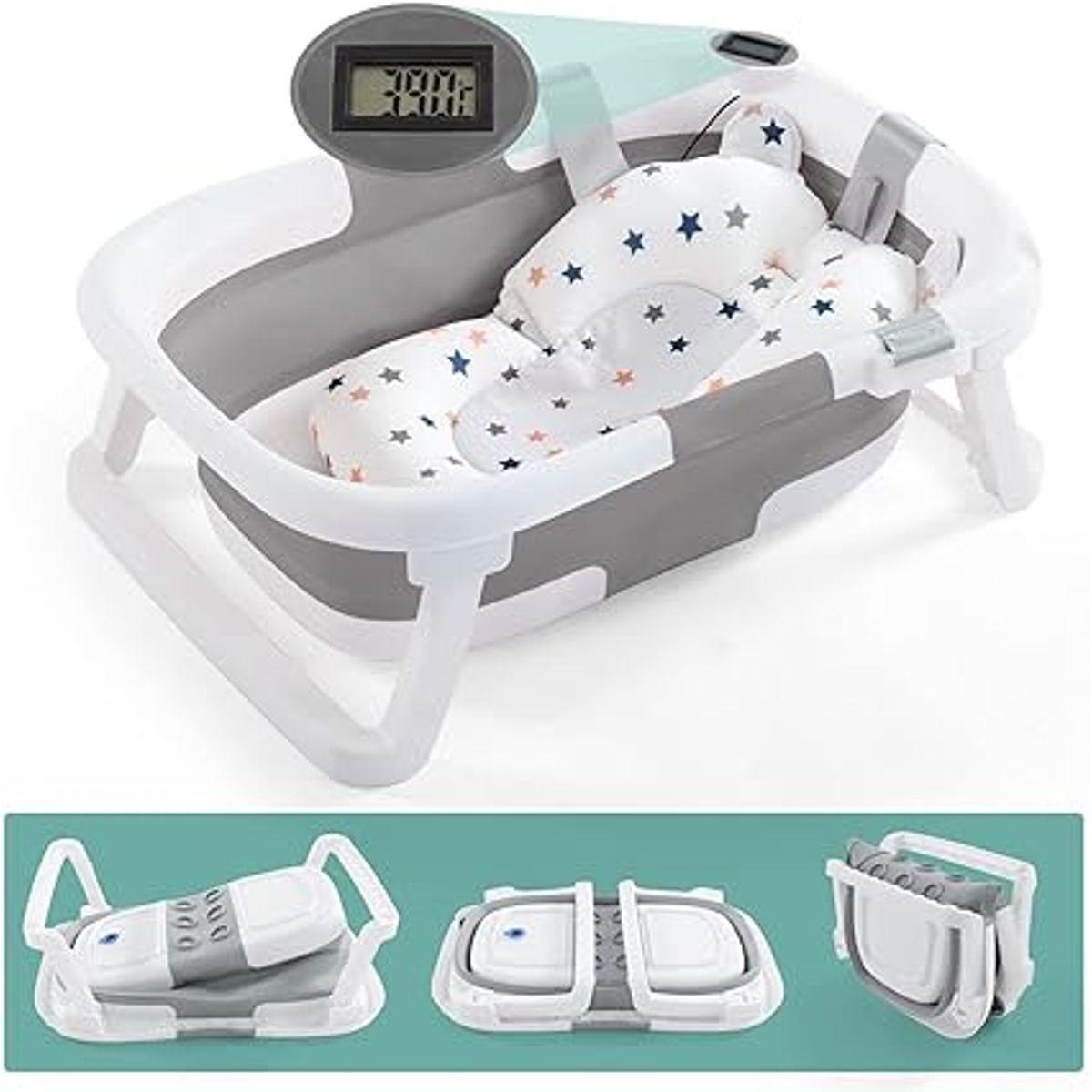MUNDO BEBE - BAÑERA PR BEBES CON TERMOMETRO Y PLEGABLE MODELO 2025 GRIS