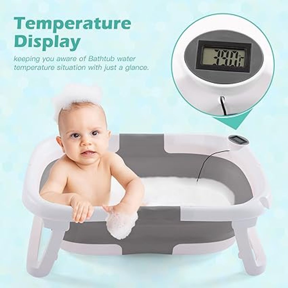 MUNDO BEBE - BAÑERA PR BEBES CON TERMOMETRO Y PLEGABLE MODELO 2025 GRIS