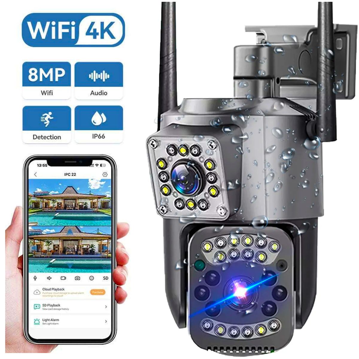 ONE PIXEL - Camara De Seguridad Para Exteriores 360° Doble Lente 4K Wifi Nocturna