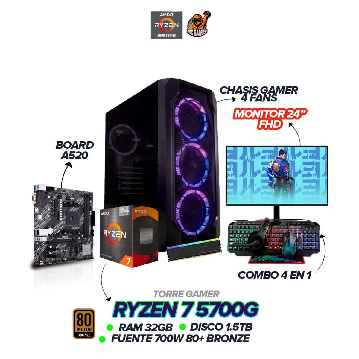 AMD - PC Ryzen 7 5700G / 32GB RAM / 1.5TB SSD / 700W / Monitor 24" 120hz FHD + Combo 4 en 1