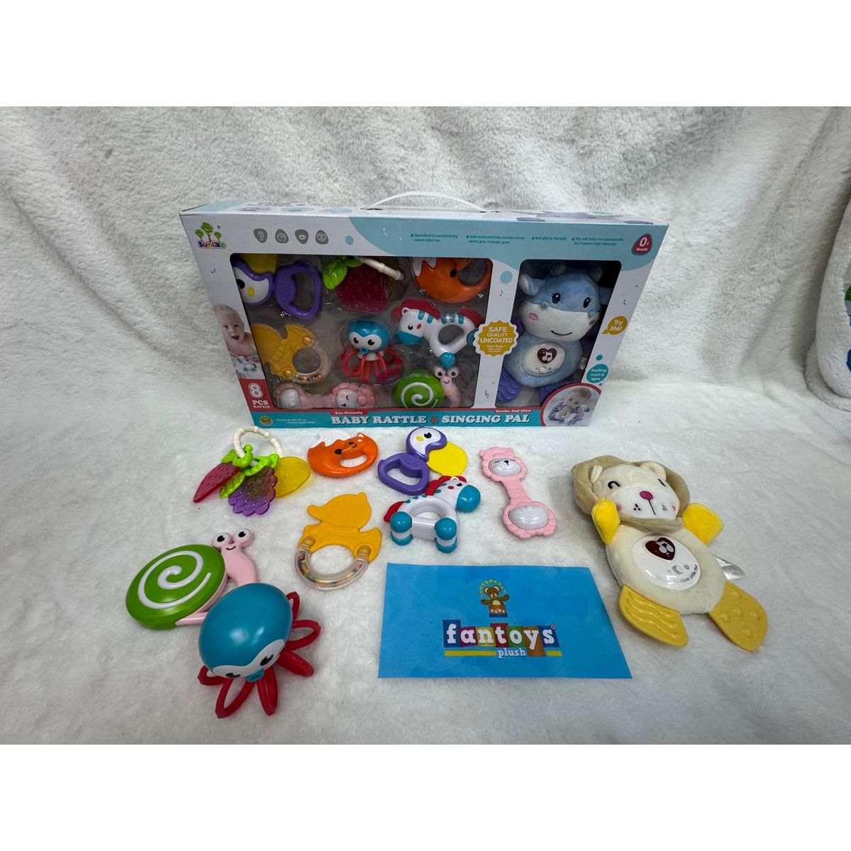 GENERICO - SET KIT DE SONAJERO MUSICAL Y MORDEDORES X8 UNIDADES