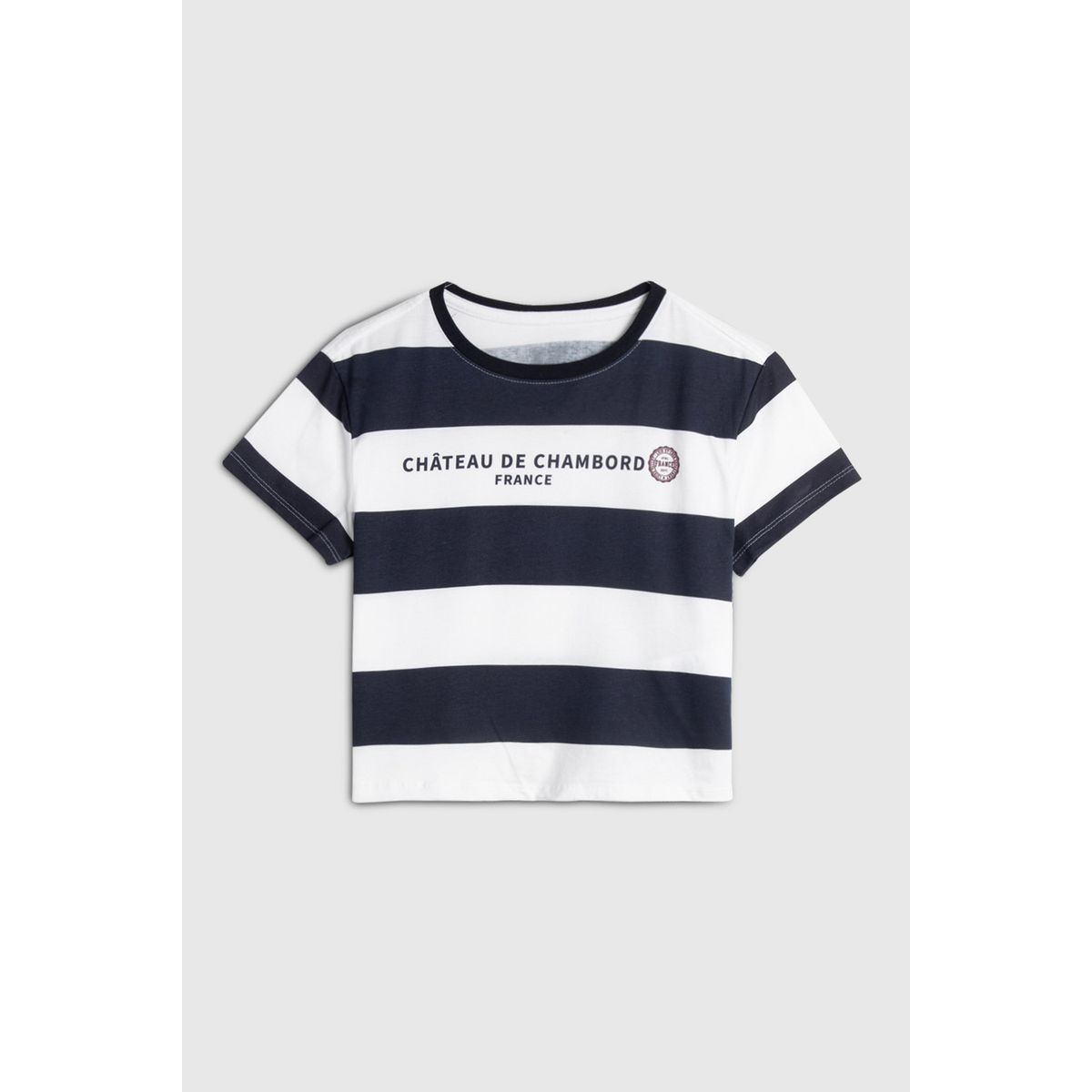 KOAJ - KOAJ Camiseta crop top crema con rayas y diseño college Niña