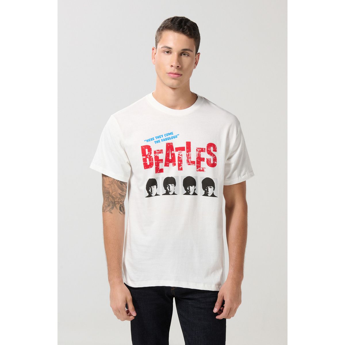 KOAJ - KOAJ Camiseta de The Beatles crema clara manga corta Hombre
