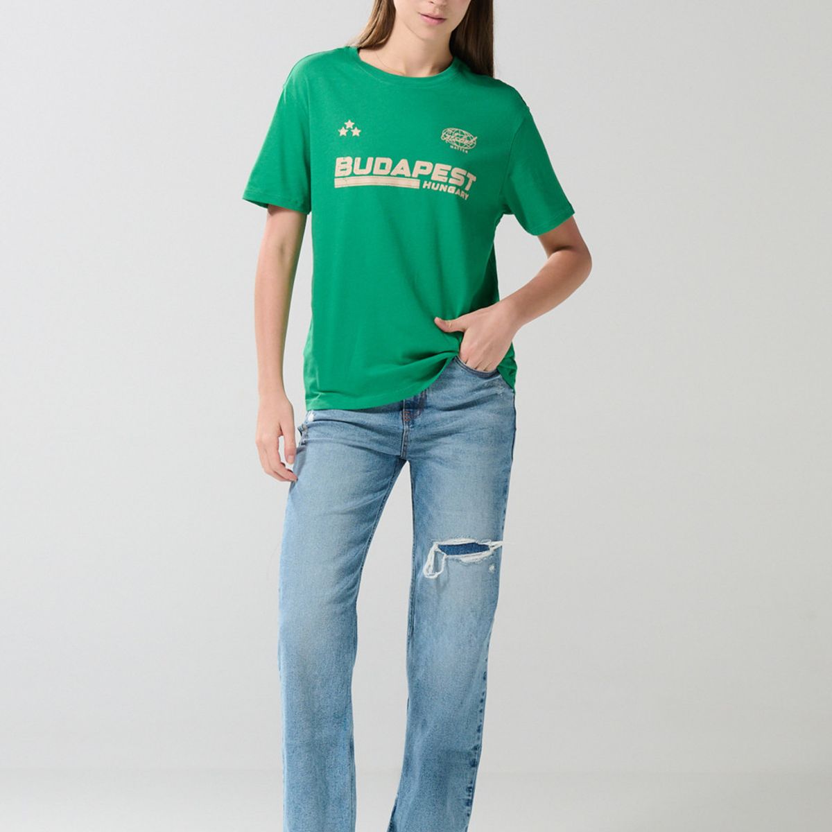 KOAJ - KOAJ Camiseta verde oscura college en algodón manga corta Mujer