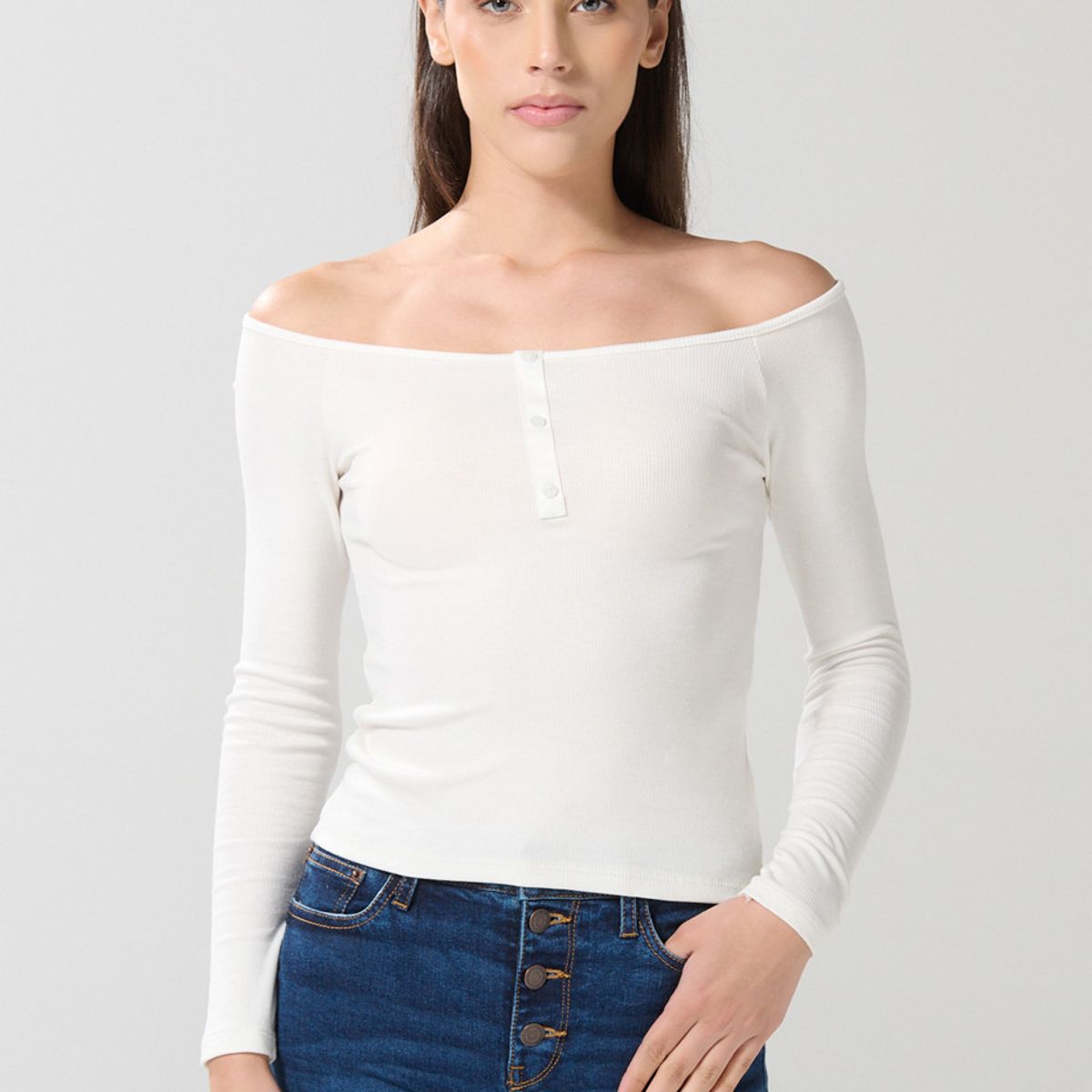 KOAJ - KOAJ Camiseta manga larga crema con cuello bandeja Mujer