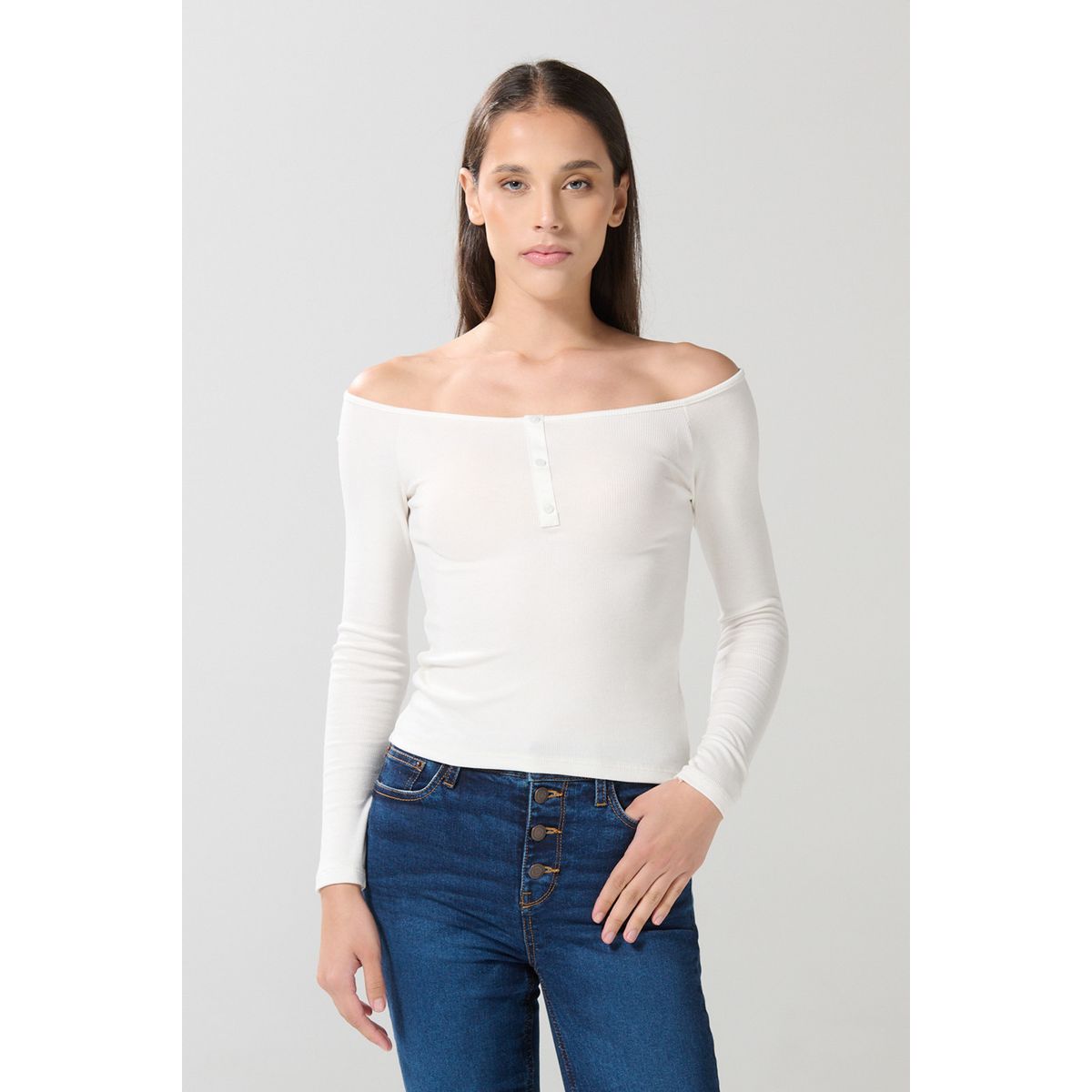 KOAJ - KOAJ Camiseta manga larga crema con cuello bandeja Mujer