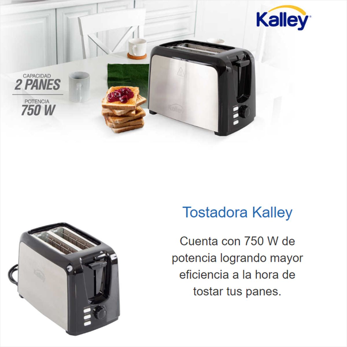 KALLEY - Tostadora De Pan Kalley, 2pan, 750 Watts · Garantía 2 Años