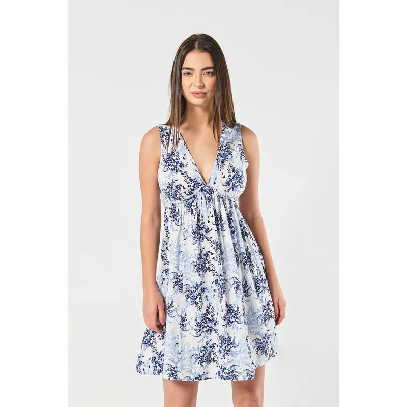 KOAJ - KOAJ Vestido corto estampado azul claro con manga sisa y esc Mujer