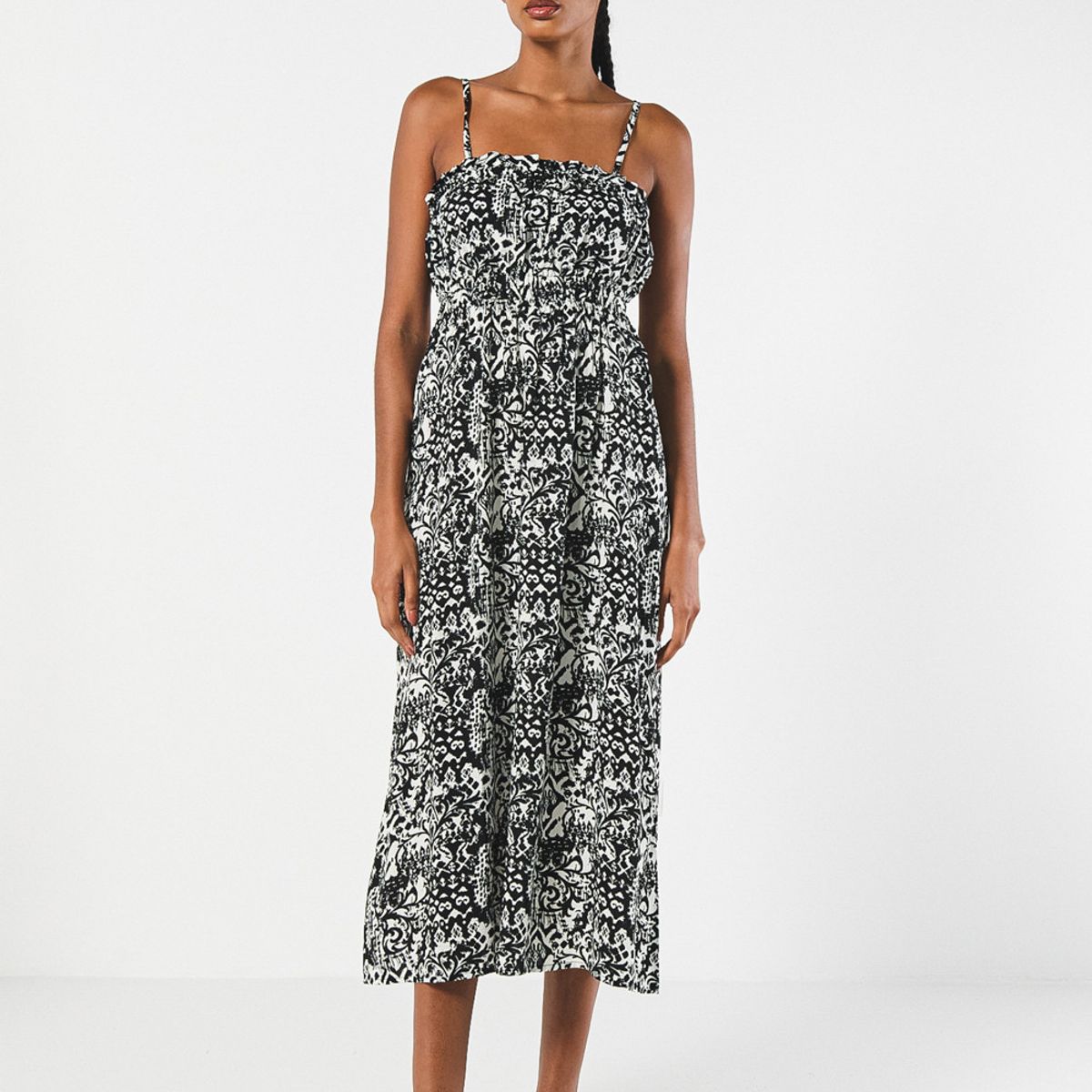KOAJ - KOAJ VESTIDO EN RAYON/ESTAMPADO/ ESCOTE RECTO CON VOLANTE Y  Mujer