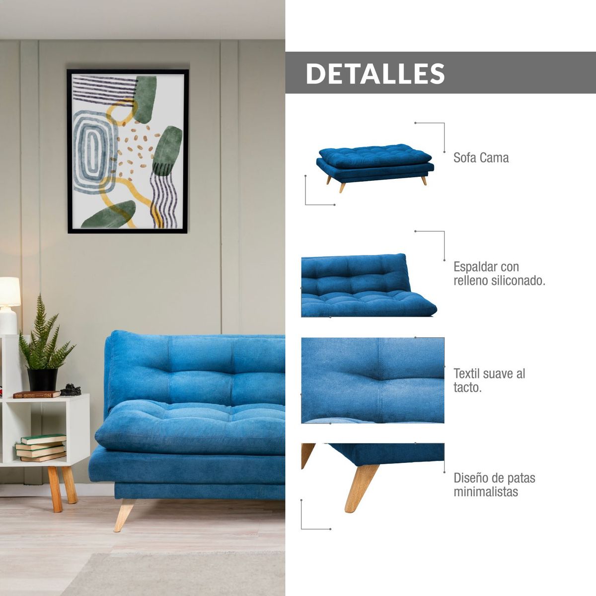 ELITE LIVING - SOFA CAMA NANTES MICROFIBRA AZUL