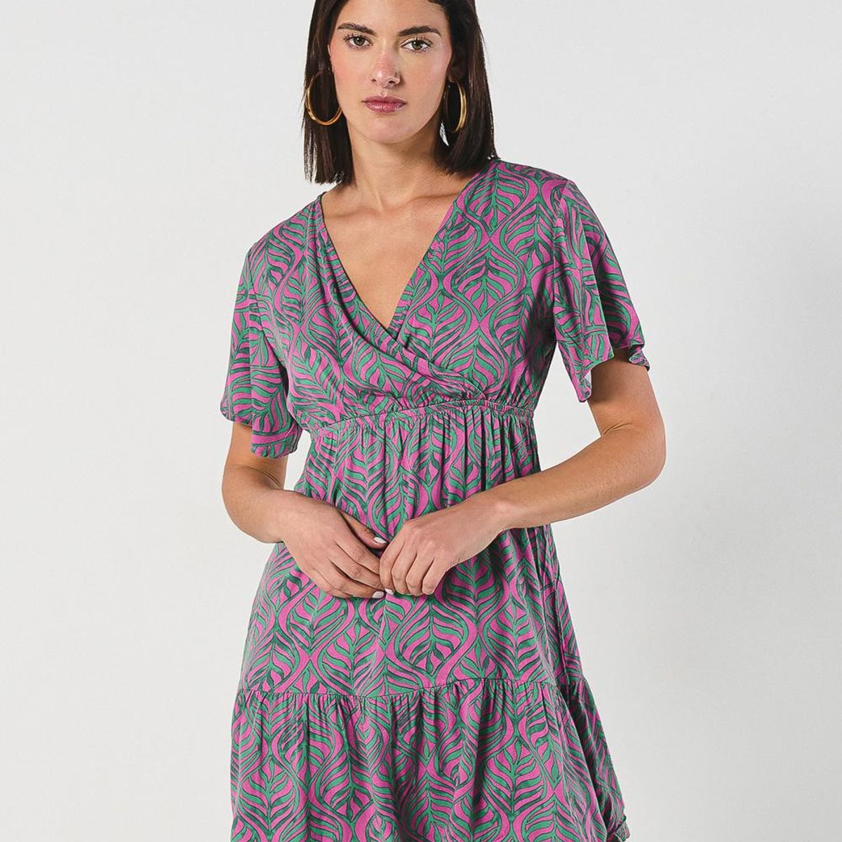 KOAJ - KOAJ Vestido blanco corto con escote V cruzado y gola en fal Mujer