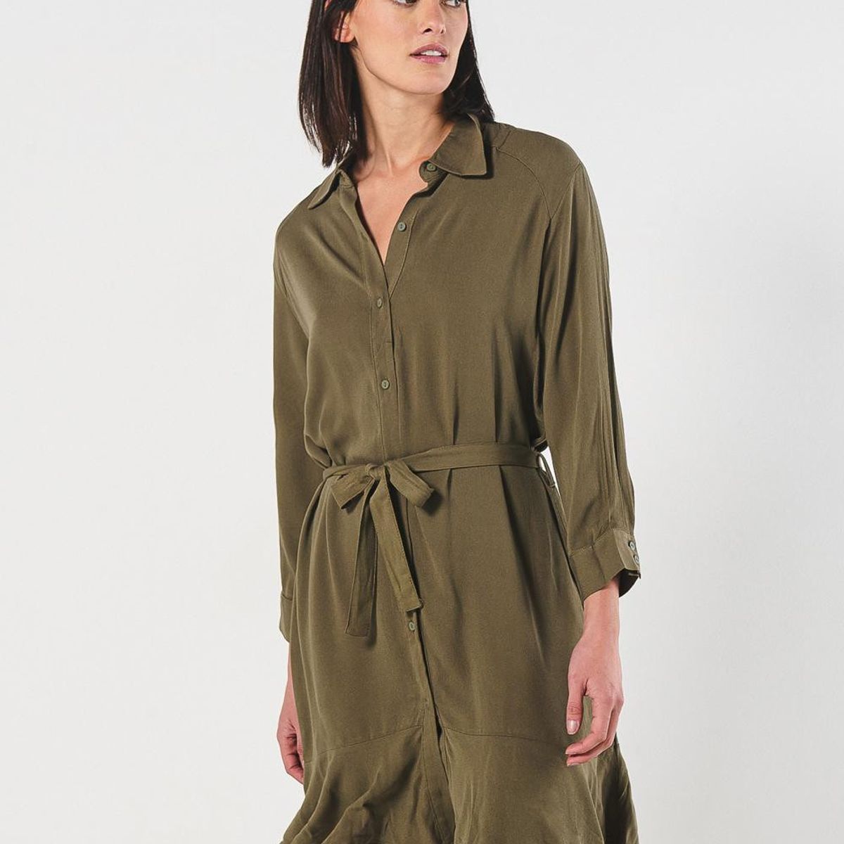 KOAJ - KOAJ Vestido corto café oscuro con manga 3/4 y cinturón Mujer